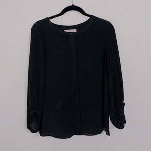 Sheer black LOFT button down blouse with slouchy 3/4  sleeves